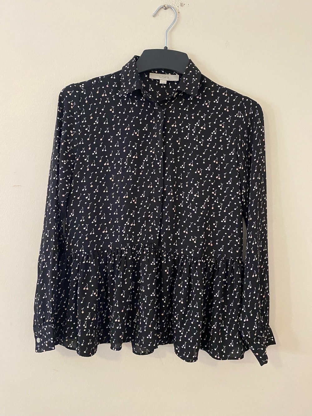 LOFT Black Ruffle office business top with White and Light Pink Cherry Motif